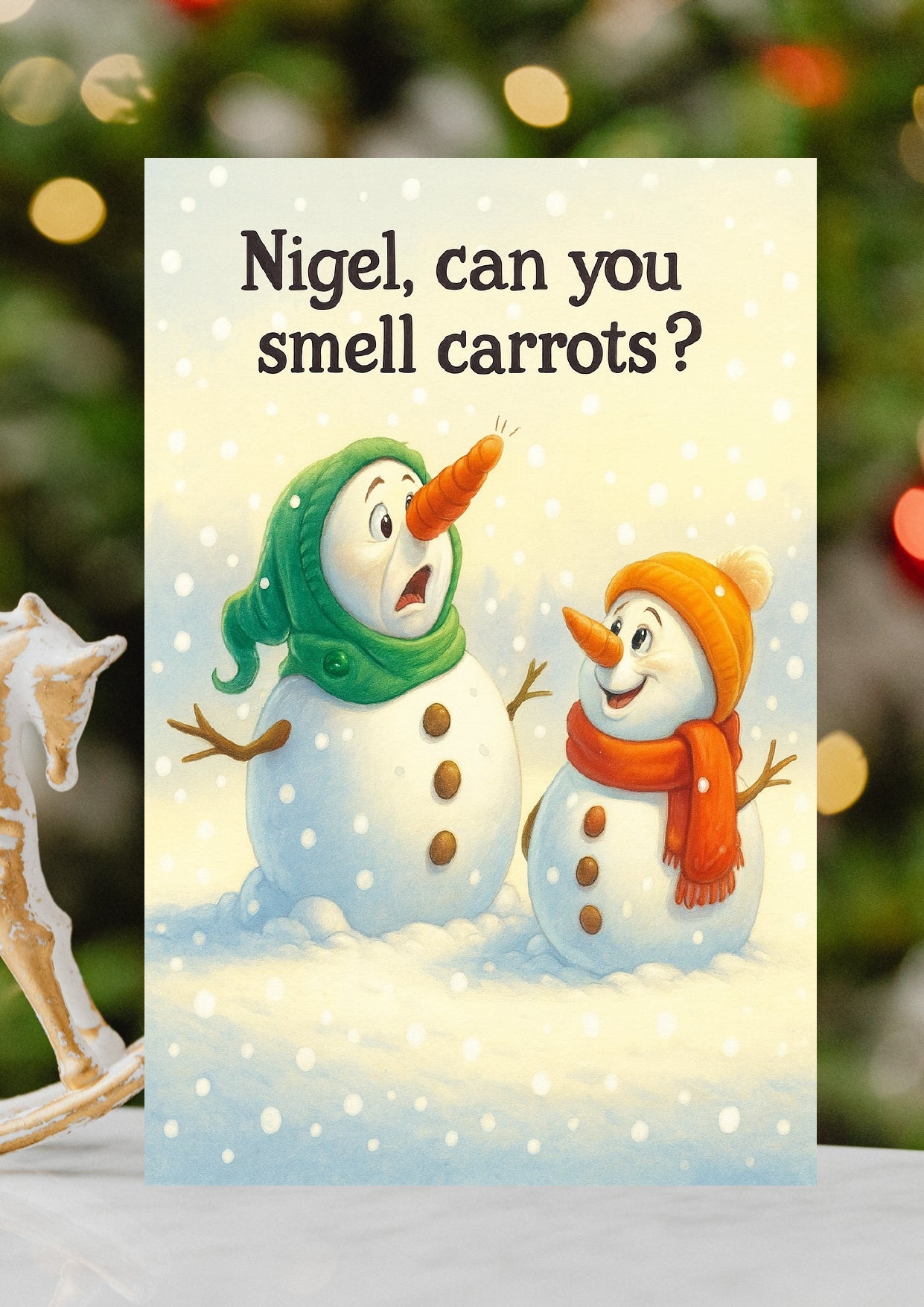 Snowmen Smelling Carrots Christmas Card