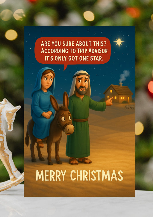Funny Nativity Christmas Card – Mary, Joseph & Donkey ‘One Star Trip Advisor’🌟